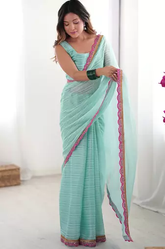 sky blue lace sequins embroidery chiffon saree with blouse