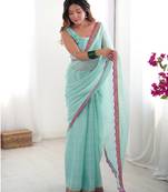 sky blue lace sequins embroidery chiffon saree with blouse