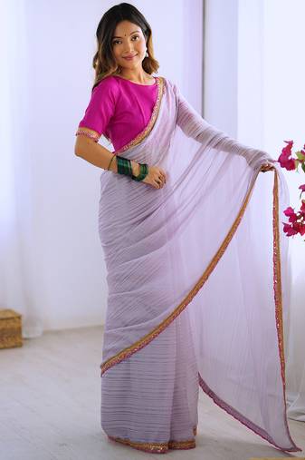 light purple lace sequins embroidery chiffon saree with blouse