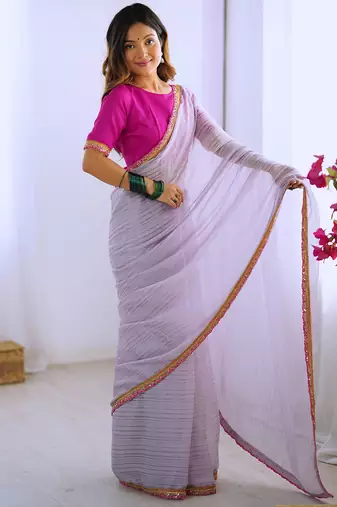 light purple lace sequins embroidery chiffon saree with blouse