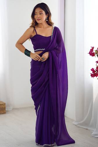 dark purple stone work chiffon saree with blouse