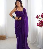 dark purple stone work chiffon saree with blouse