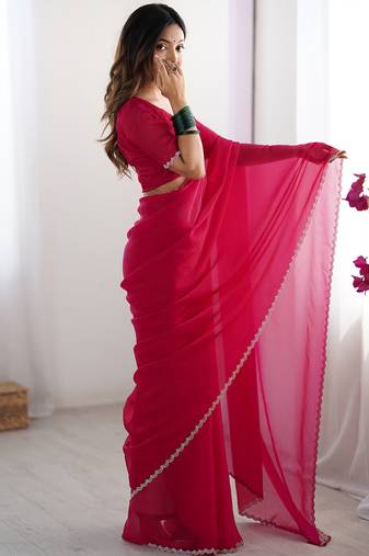 dark pink stone work chiffon saree with blouse