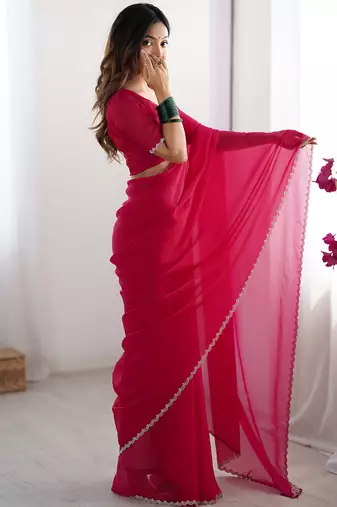 dark pink stone work chiffon saree with blouse