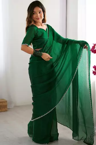 green stone work chiffon saree with blouse