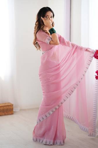 light pink stone work chiffon saree with blouse