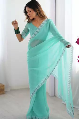 aqua blue stone work chiffon saree with blouse