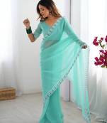 aqua blue stone work chiffon saree with blouse