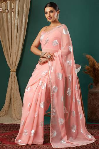 light peach lace foil screen printed georgette saree with blouse