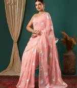 light peach lace foil screen printed georgette saree with blouse