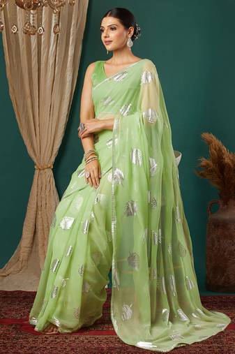 light green lace foil screen printed georgette saree with blouse
