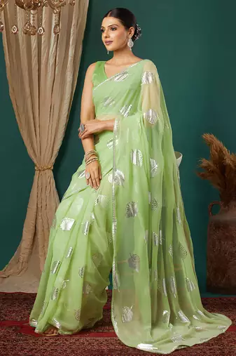 light green lace foil screen printed georgette saree with blouse