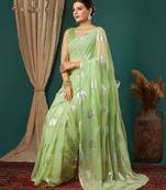 light green lace foil screen printed georgette saree with blouse