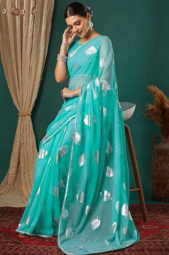 turquoise lace foil screen printed georgette saree with blouse