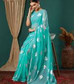 turquoise lace foil screen printed georgette saree with blouse