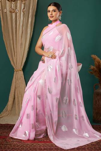 light pink lace foil screen printed georgette saree with blouse