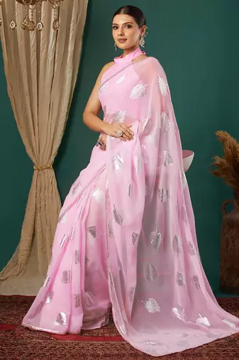 light pink lace foil screen printed georgette saree with blouse