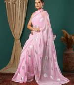light pink lace foil screen printed georgette saree with blouse