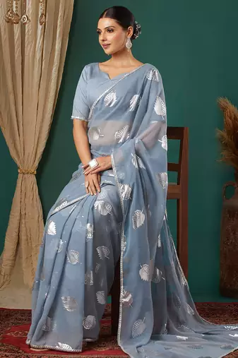 grey lace foil screen printed georgette saree with blouse