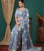 grey lace foil screen printed georgette saree with blouse