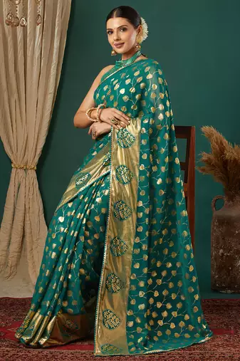 teal green lace foil screen printed georgette saree with blouse