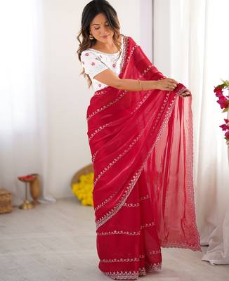 red sequin embroidery tissue silk saree with blouse 1