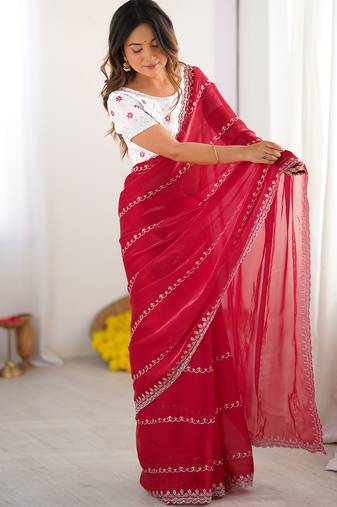 red sequin embroidery tissue silk saree with blouse