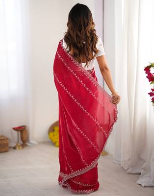 red sequin embroidery tissue silk saree with blouse 2