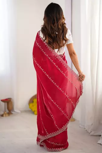 red sequin embroidery tissue silk saree with blouse