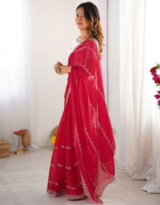 red sequin embroidery tissue silk saree with blouse 3