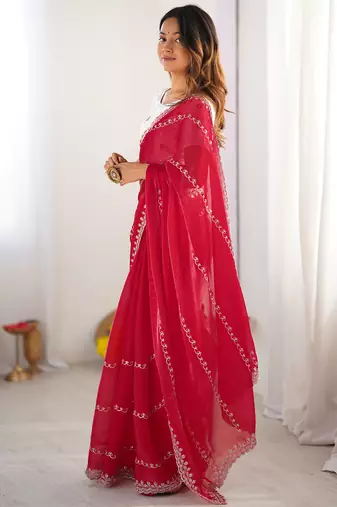 red sequin embroidery tissue silk saree with blouse