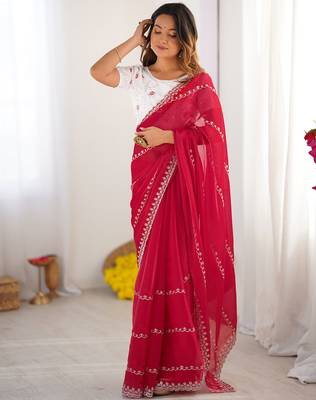 red sequin embroidery tissue silk saree with blouse 4