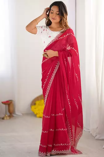 red sequin embroidery tissue silk saree with blouse