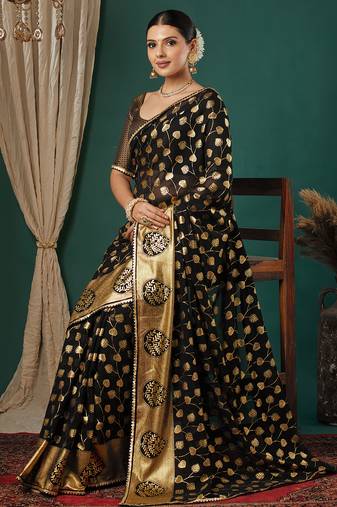 black lace foil screen printed georgette saree with blouse