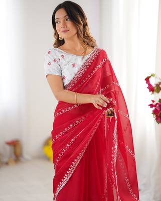 red sequin embroidery tissue silk saree with blouse 5