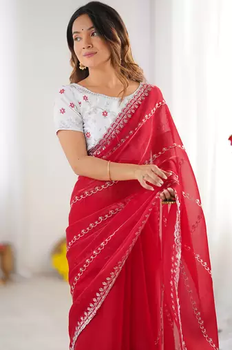 red sequin embroidery tissue silk saree with blouse