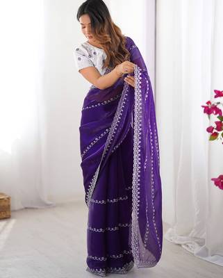 indigo blue sequin embroidered tissue silk saree with blouse 1