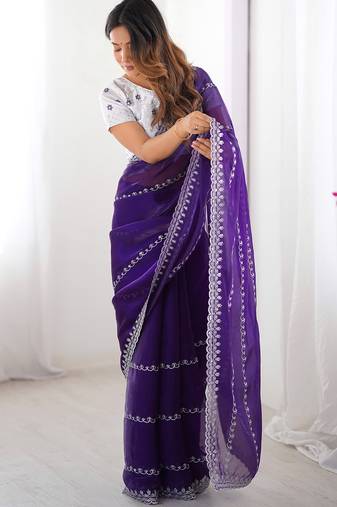 indigo blue sequin embroidered tissue silk saree with blouse