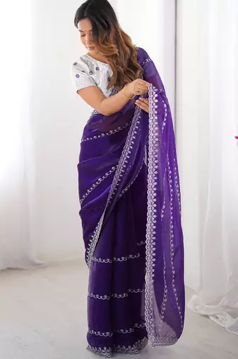 indigo blue sequin embroidered tissue silk saree with blouse