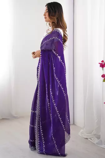 indigo blue sequin embroidered tissue silk saree with blouse
