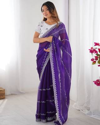 indigo blue sequin embroidered tissue silk saree with blouse 4