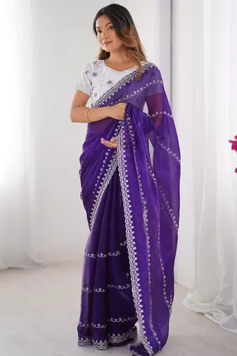 indigo blue sequin embroidered tissue silk saree with blouse