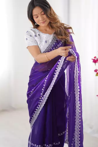 indigo blue sequin embroidered tissue silk saree with blouse