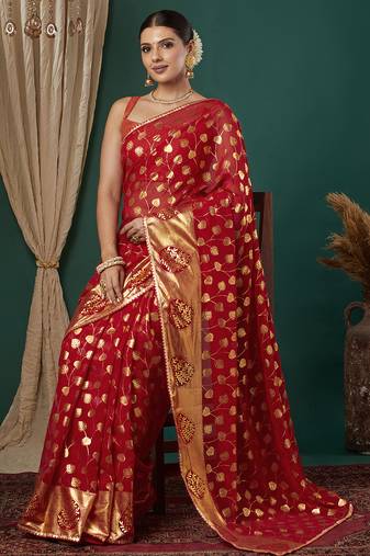 red lace foil screen printed georgette saree with blouse