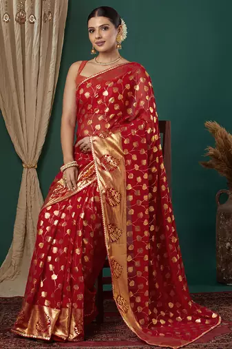 red lace foil screen printed georgette saree with blouse