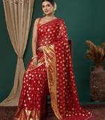 red lace foil screen printed georgette saree with blouse