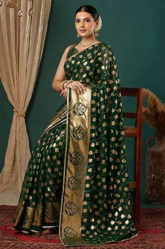dark green lace foil screen printed georgette saree with blouse