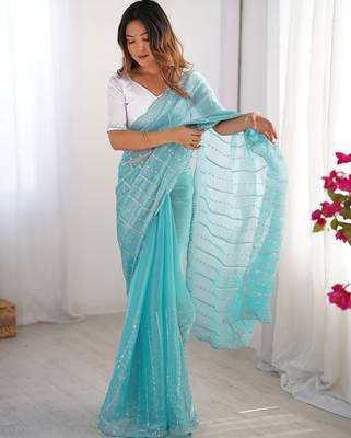 aqua blue sequin embroidered chiffon saree with blouse 1