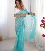 aqua blue sequin embroidered chiffon saree with blouse