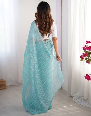 aqua blue sequin embroidered chiffon saree with blouse 2